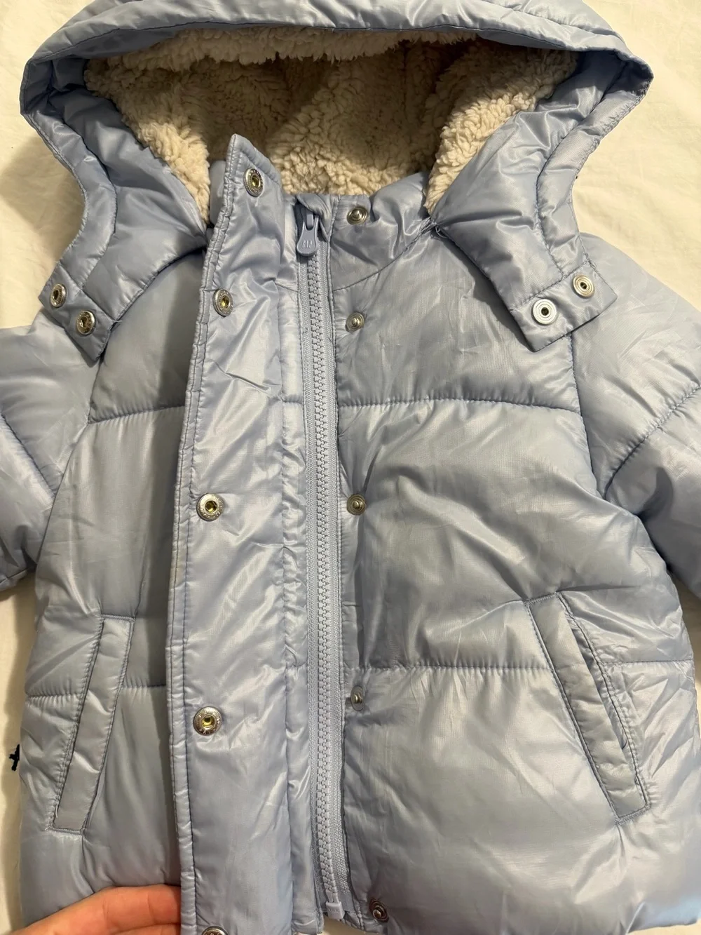 Gap Baby Light Blue Puffer Hooded Coat with Sherpa Lining